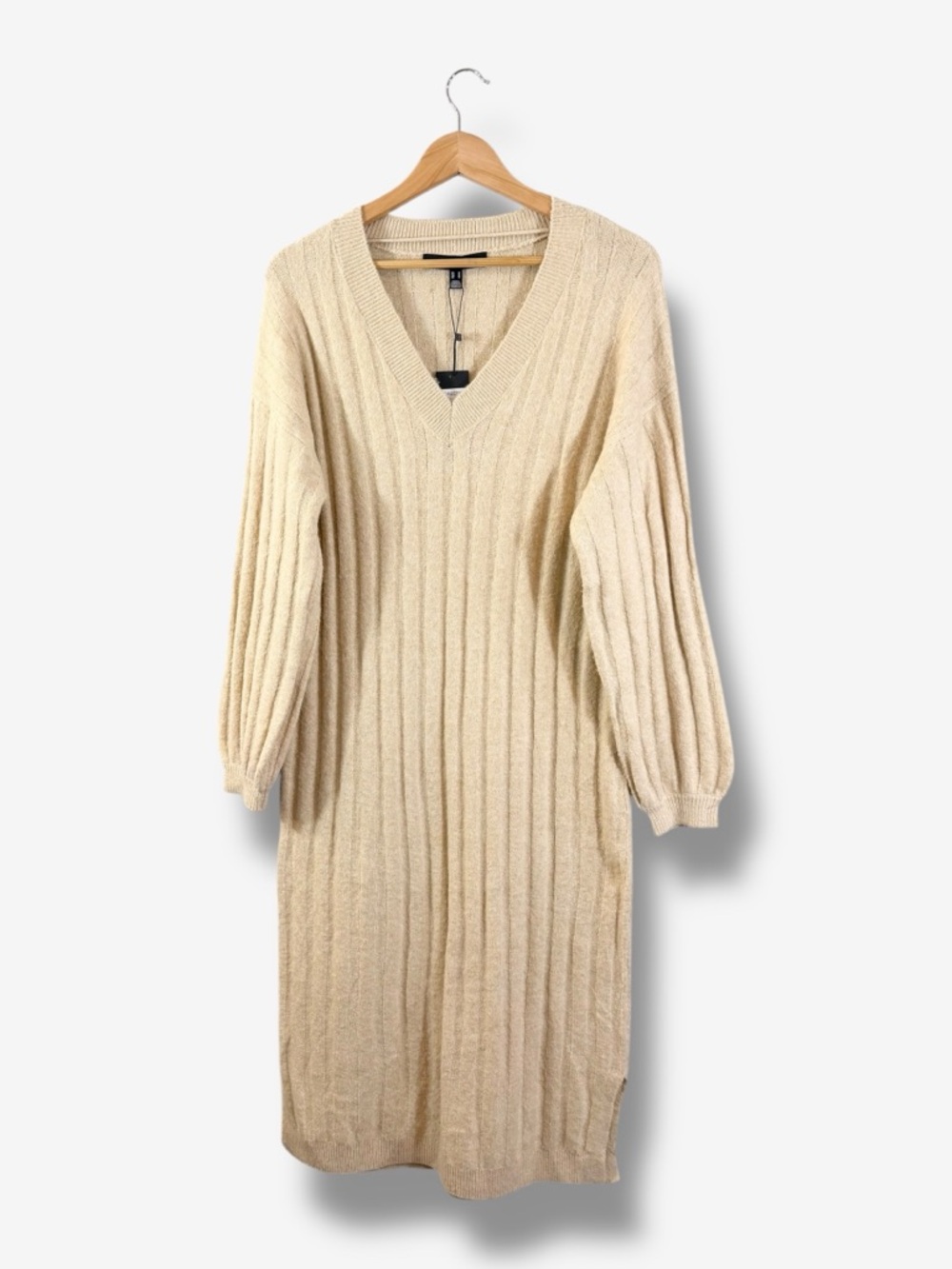 Vero Moda Cream Sweater Dress Size M V-Neck Long Sleeve Ribbed Knit Midi Casual